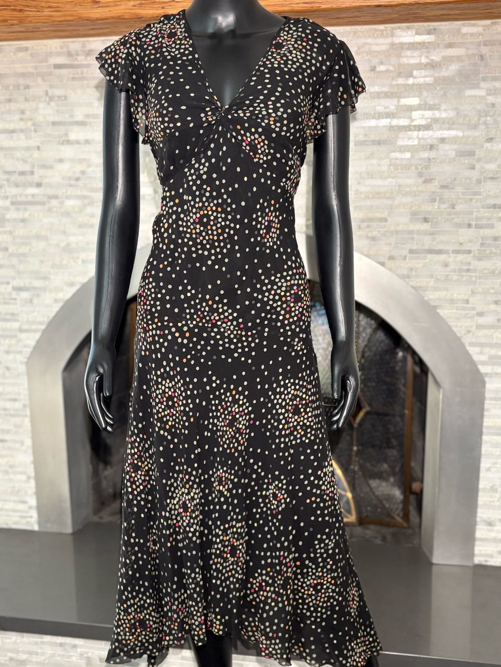 Vintage 90s Alfani 100% Silk Polka Dot Flutter Sleeve Midi Dress Size 12